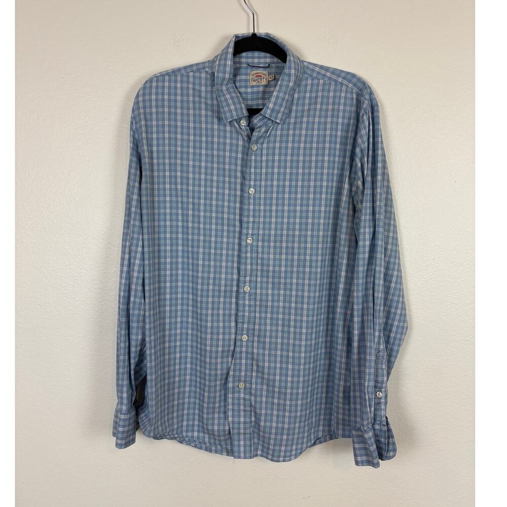 Faherty Blue White Checkered Gingham Casual Supima Cotton Button Down Shirt XL